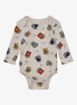 Harry Potter Hogwarts House Crests Allover Print Long-Sleeve Infant One-Piece - BoxLunch Exclusive